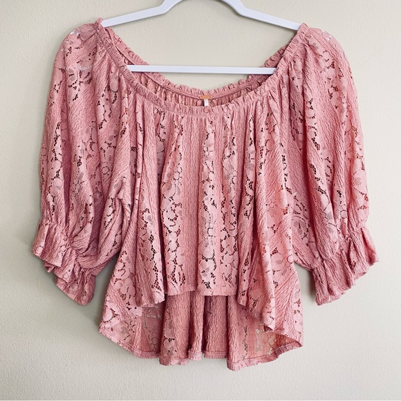 Free People Stacey Lace Blush Crop Puff Sleeve Relaxed Fit Top Size Small - Picture 8 of 15